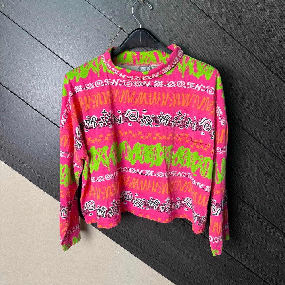 Vintage 90s OP Women's Cropped Mock Neck Abstract Long Sleeve Top Medium
